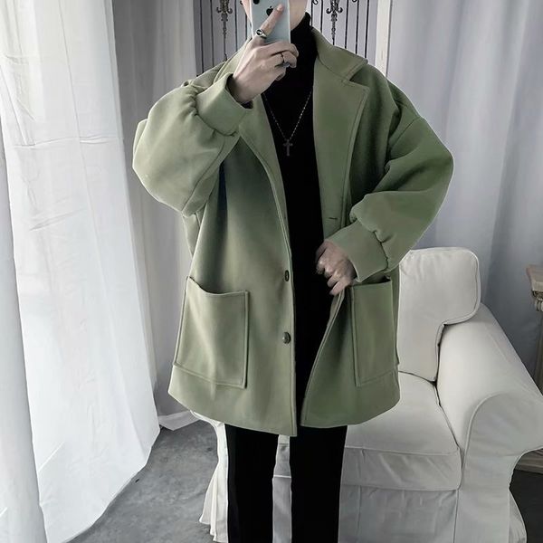 

college style autumn and winter clothes loose tweed lapel woollen medium length windbreaker men's coat, Tan;black