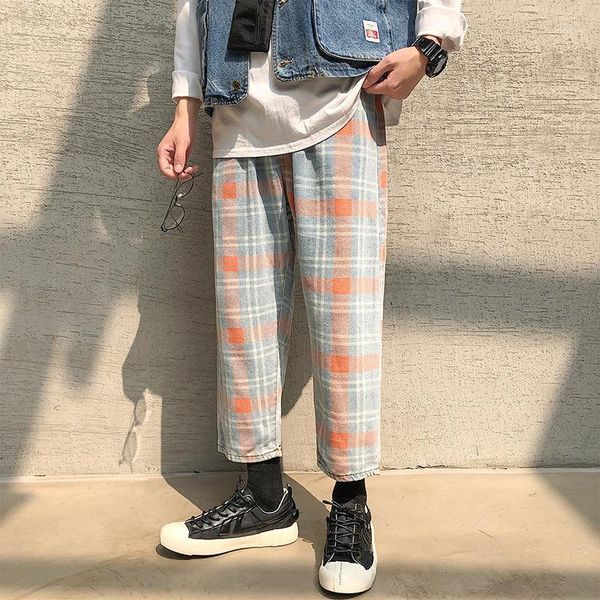 

2020 autumn new fashion men's casual pants loose straight pants plaid jeans men's korean style1, Blue