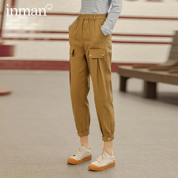 

inman 2020 autumn new arrivals cotton vintage safari style pocket rivet belt slimming radish long trousers, Black;white