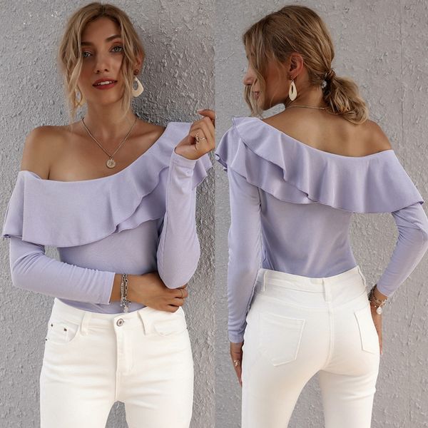 

women's blouses & shirts slanted shoulder irregular ruffle slim purple, White