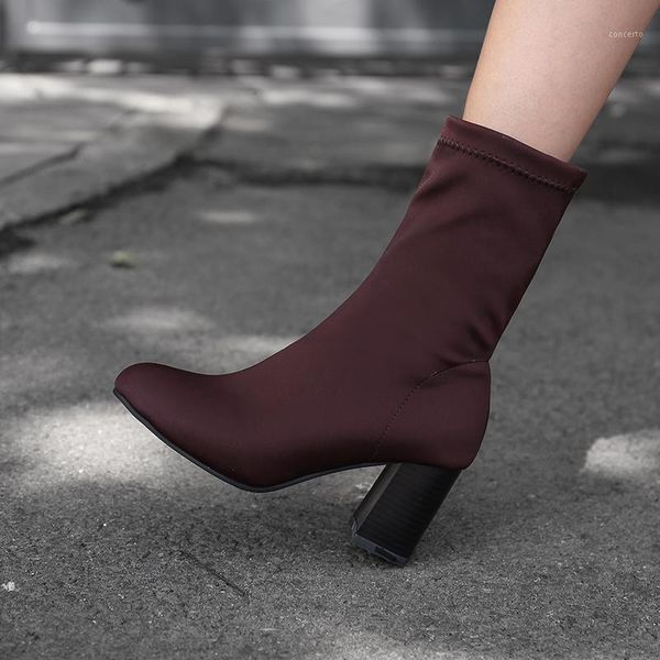 

2021 european and american pointed elastic thick heel mid barrel knitted mid heel spring and autumn boots women's boots1, Black
