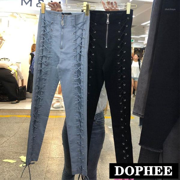 

drawstring zipper stretch denim pants women high waist slim trend pencil pants women's denim capris skinny tight trousers1, Blue