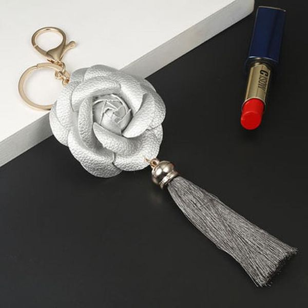 

new arrival camellia leather flower with tassel key chain golden fashion key ring women bag pendant car keychain eh883 h jllqfa, Red;blue