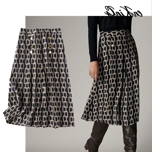 

england office lady urban elegant iron chain printing gold midi skirt women faldas mujer moda long skirts womens t200324, Black