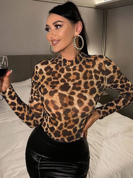 

leopard mock neck mesh y0hb#, White