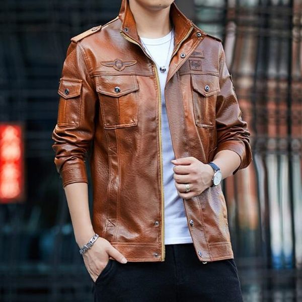 

2021 new men motorcycle male turtlenecks plutonium leather biker jackets outerwear 0qva, Black