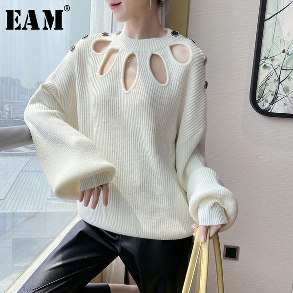 

[eam] hollow out big size knitting sweater loose fit round neck long sleeve women pullovers new fashion autumn winter 2020 lj201114, White;black