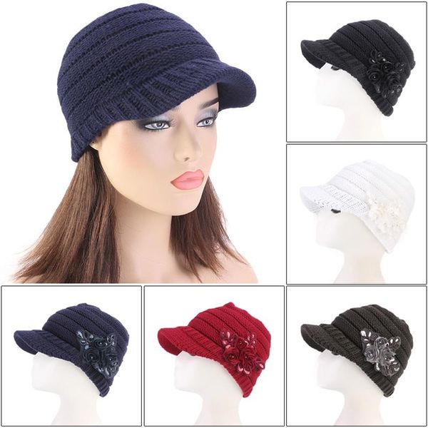 

women floral flower stretchy knit visor hat cap warm for autumn winter outdoor k2, Blue;gray