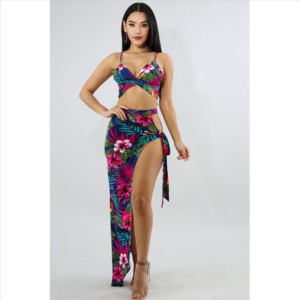 

богемский цветочный принт женщины наборы сексуальные спагетти ремешок v шеи урожай с юбкой двух частей набор элегантных летних пляжных женщи, Gray