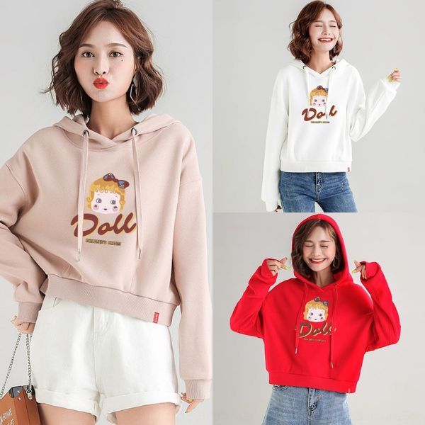 

uerpv 2020 autumn thin casual new short coat sweatersweater women's women's korean style small hooded coat trendy printed sweater, Black