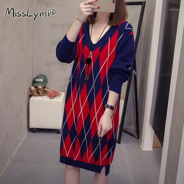 

4xl plus size women vintage argyle knitted dress winter clothes 2020 fashion v-neck long sleeve ladies loose sweater dresses1, Black;gray