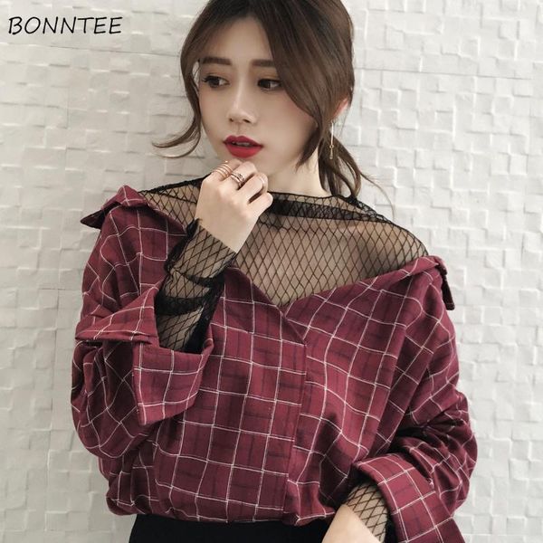 

shirts women korean chic trendy loose mesh patchwork womens plaid retro v-neck female temperament all-match fashion casual daily1, White