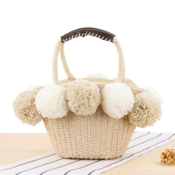 

women cute hand carry woven beach bags contrast color wool ball straw bag casual handbag tote