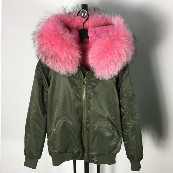 

women's fur & faux waterproof shell zipper outwear raccoon collar hooded coat pink bomber jacket, Black