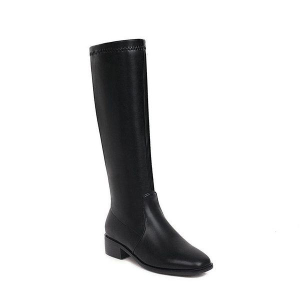 

2021 new autumn winter round toe side zipper women shoes pu leather square heel all match knee high boots big size 34-43, Black