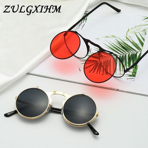 

2020 new steampunk sunglasses round metal women style retro flip circular double metal sun glasses men sun glasses1, White;black