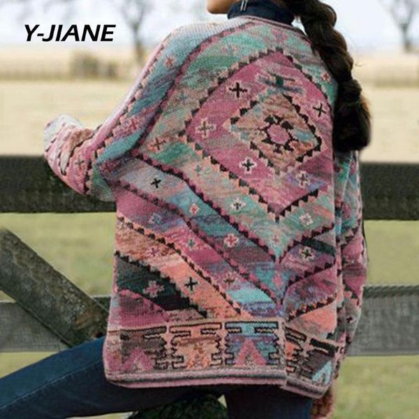 

women autumn cardigan sweaters new 2020 arts style vintage print v-neck loose comfortable female knitted cardigan coats #g31, Black