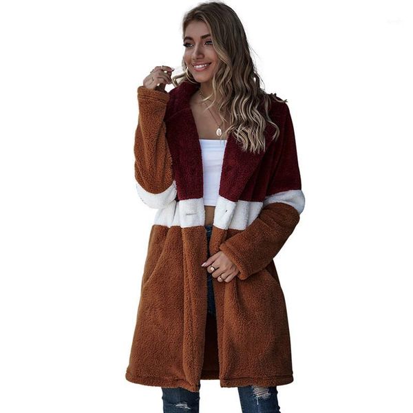 

2020 autumn / winter new long color matching lapel plush coat casual slim long sleeve single button plush woman jacket a0981, Black
