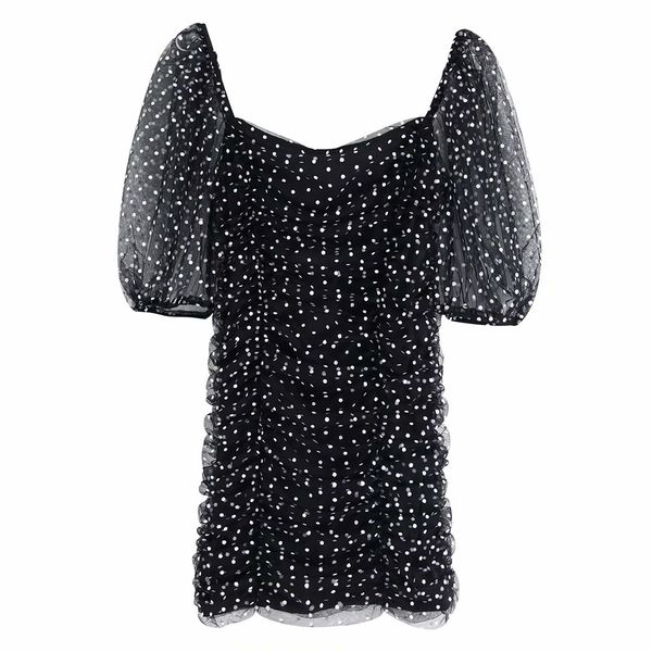 

autumn 2009 women's wear new style retro pleated square collar bubble short sleeve slim package hip wave point juan net dress t200518, Black;gray