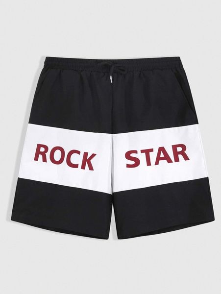 

men letter graphic contrast panel drawstring shorts e6jw#, Black