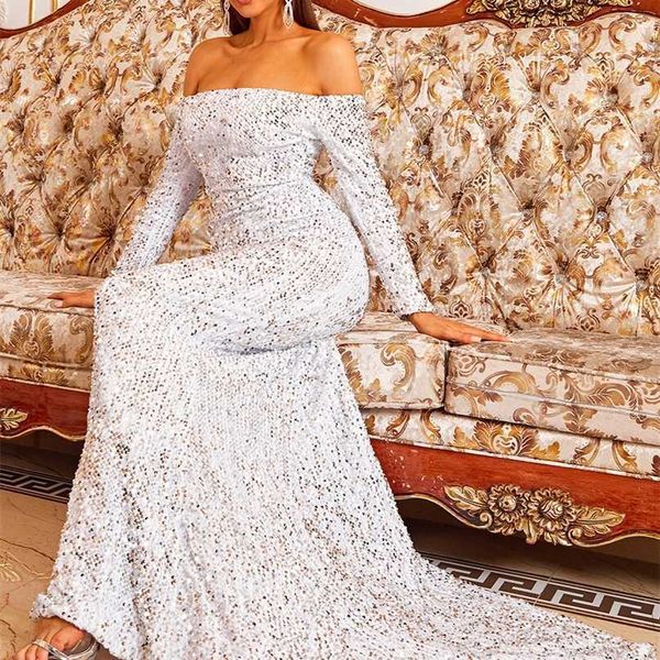 

missord off shoulder elegant sequin evening party blue dress sleeve women fahion dresses solid color long vestido pink 220209, Black;gray