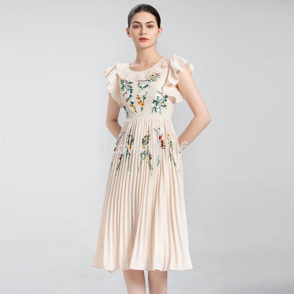 

casual dresses spring and summer women's wear round neck lotus leaf short sleeve heavy industry embroidery crimp dress, Black;gray