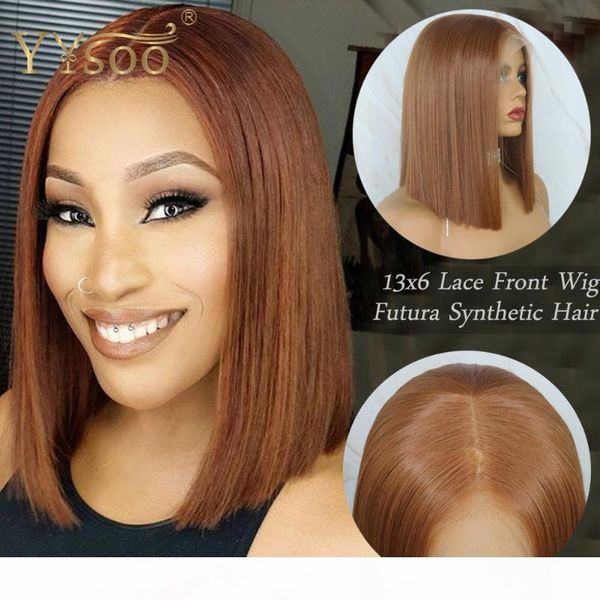 

yysoo short 13x6 silky straight #30 color futura synthetic hair lace front wigs for women glueless bob cut wig heat resistant, Black