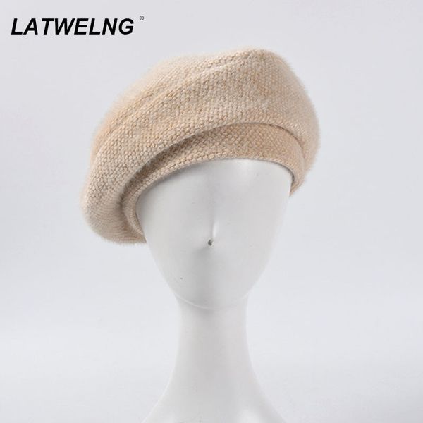 

new winter knitted beret for women imitation mink painter's hat thick warm flat french caps black mushroom hat fashion 201026, Blue;gray