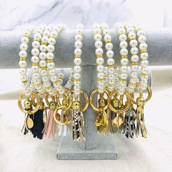 

seller elegant personalized metal disc charm pearl bangle keyring handmade fashionable faux pearl leather tassel bracelet keychains, Silver