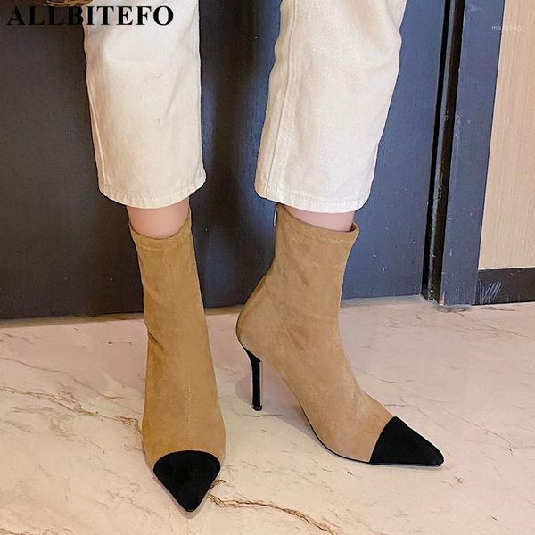 

boots allbitefo large size:33-43 flock high heels party women thin ankle for office ladies shoes1, Black