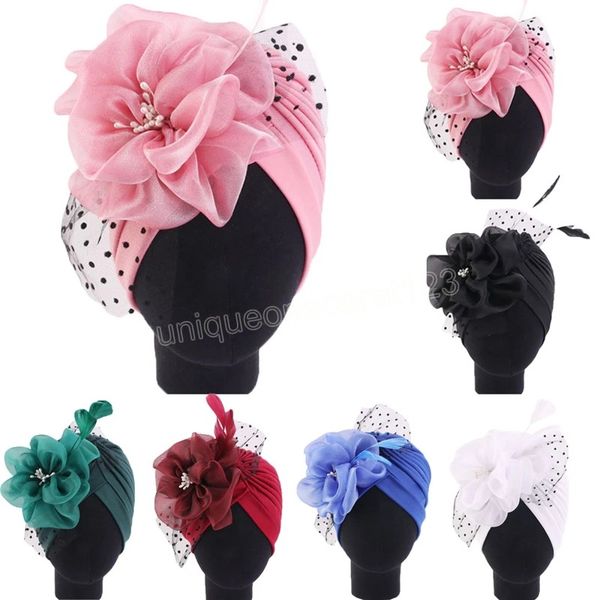 

big flower muslim women indain hat hijab scarf caps chemo turban islamic head cover party evening bonnet pleated vintage hat, Blue;gray