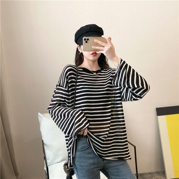 

ddqom рубашки шелковые полосатый свитер женщин рыхлый тонкий top летнее солнце доказательство ice корейский кондиционер с длинным рукавом пу, White