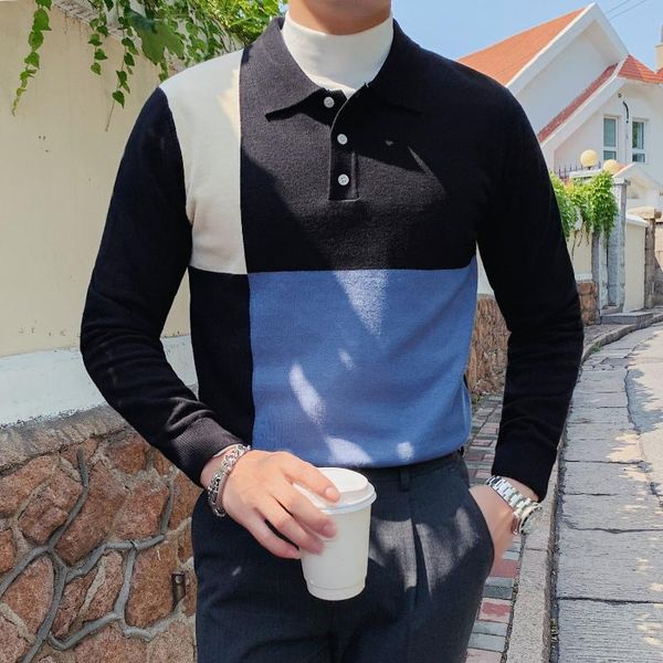 

men's polos shirt men splicing contrast color lapel long sleeve casual white british knitted base camisas ropa de hombre, White;black