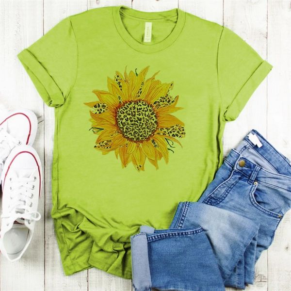 

rsnbo 2020 short leopard sunflower print round neck t-shirt coat sleeve 2020 women's leopard sunflower print round neck short coat wome, White