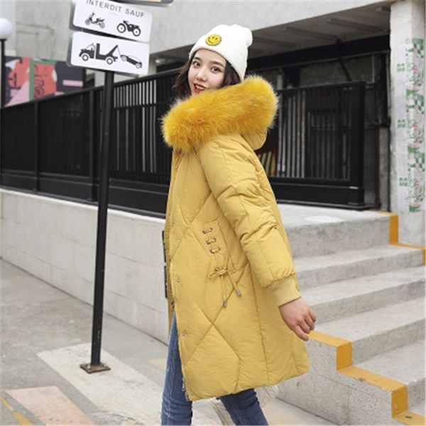 

winter new korean version of the down jacket cotton ladies long cotton coat thickened warm big fur collar padded jacket 201019, Black
