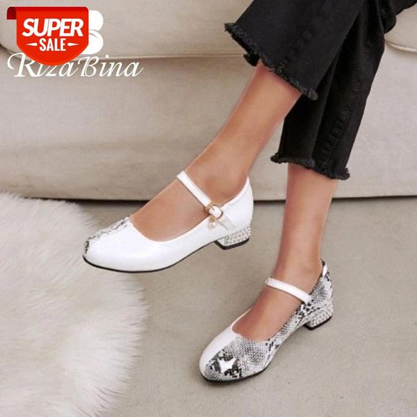 

rizabina 2020 women pumps round toe buckle thick heel snakeskin pearl sweet shoes pu leather ladies footwear size 28-43 #6s0n