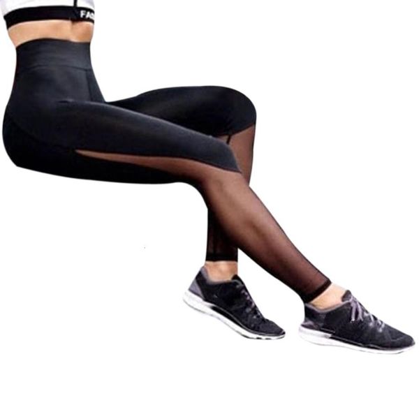

black casual contrast mesh contrast skinny solid leggings summer women trousers high waist fitness workout leggins panties