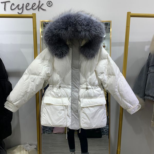 

tcyeek 2020 women's jacket silver fox fur collar autumn winter white duck down coat female shiny fashion jackets women 5114, Black