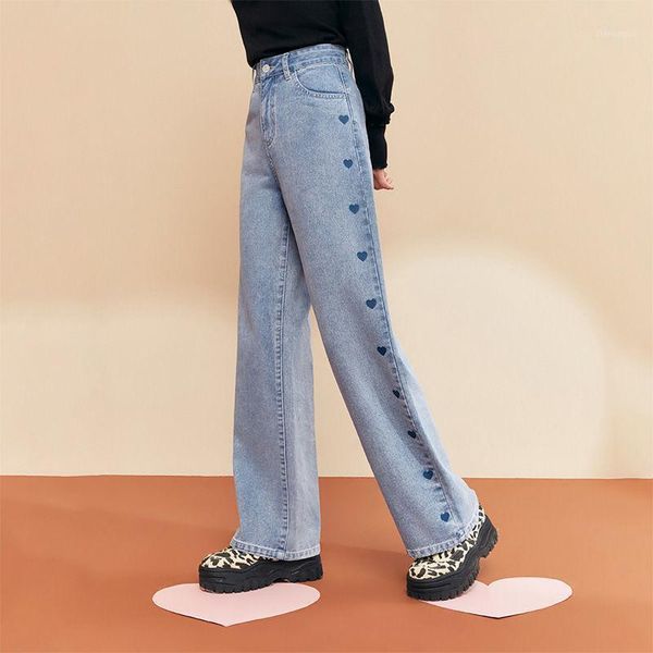 

2021 spring and autumn new fashion korean women's clothing love print high waist jeans women straight wide leg pant y1841, Blue