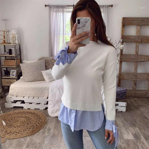 

2020 women casual long sleeve loose bow knitted sweater pullover female ladies fake two pieces long sleeve t-shirts1, White