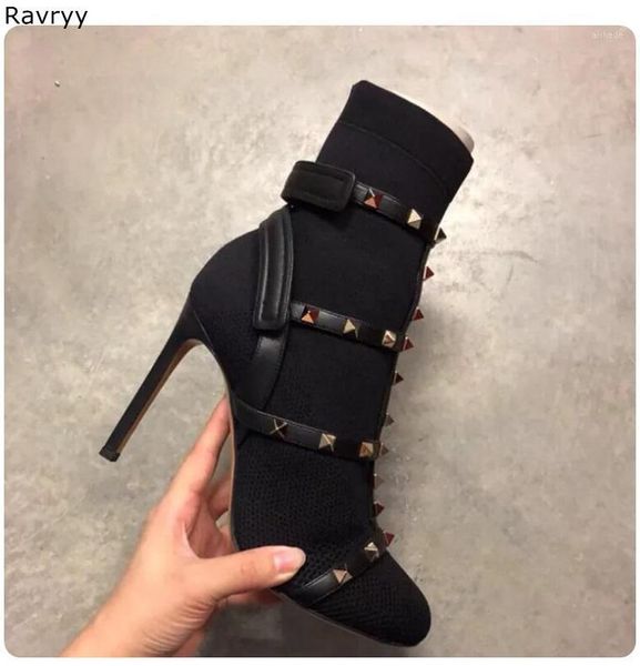 

boots elastic knitting black women's ankle cool rivet decor female short pointed toe thin heel shoes autumn 2021 fashion1