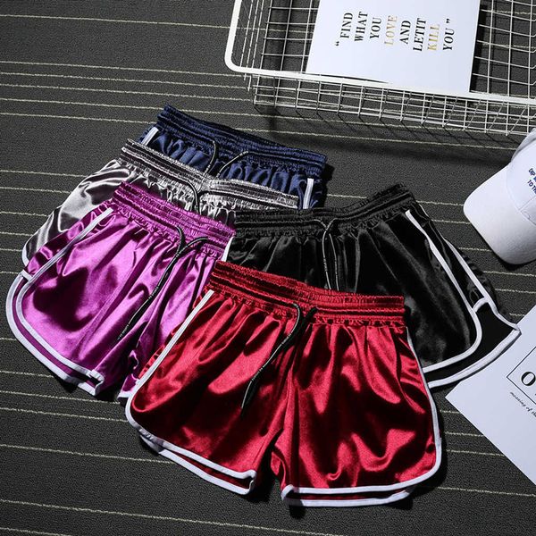 

women's satin smooth elastic waist drawstring slim white ee fitness sports running casual home shorts hot, White;black