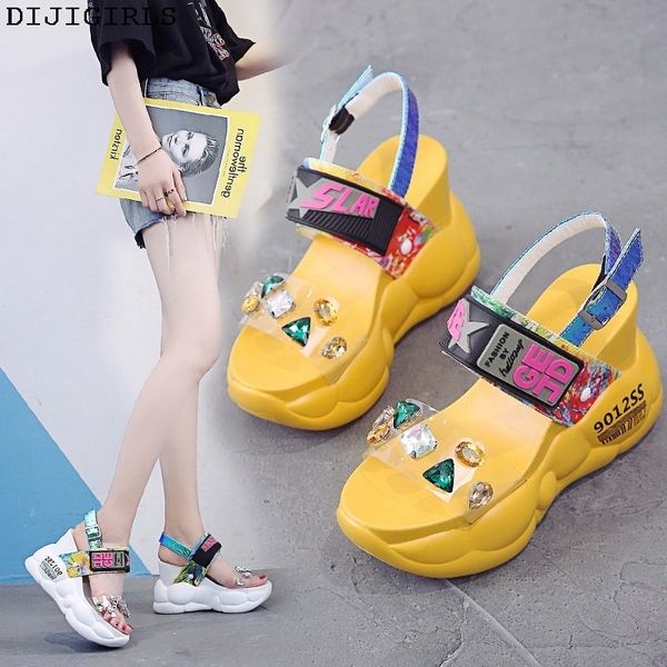 

casual woman peep toe ladies platform sandals 11cm summer platform sandals pvc fashion crystal women sandal wedges shoes y200405, Black