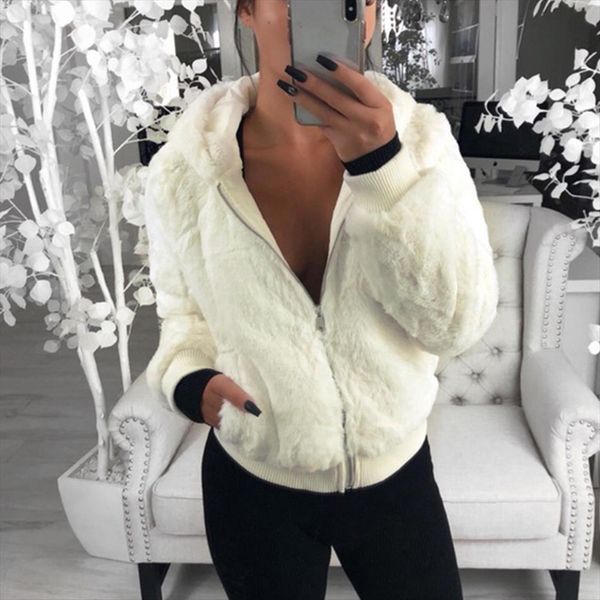 

2020 new faux fur women coat with hood high waist fashion slim black red pink faux fur jacket fake rabbit coats