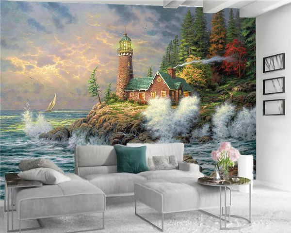 Paisagem romântica 3d Mural Wallpaper Bela Casa pelo mar Home Decor Sala Quarto Wallcovering HD 3D Wallpaper