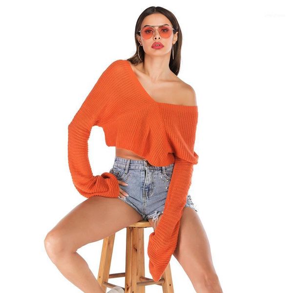 

2020 autumn and winter new sweater short belly button loose lazy style pullover women elegant short sweater1, White;black