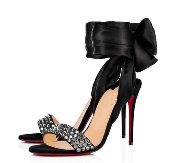 

popular lady krystal du desert sandals summer red bottom sandals mesh leather high heels ankle strap pumps gladiator sandalias eu35-43, Black