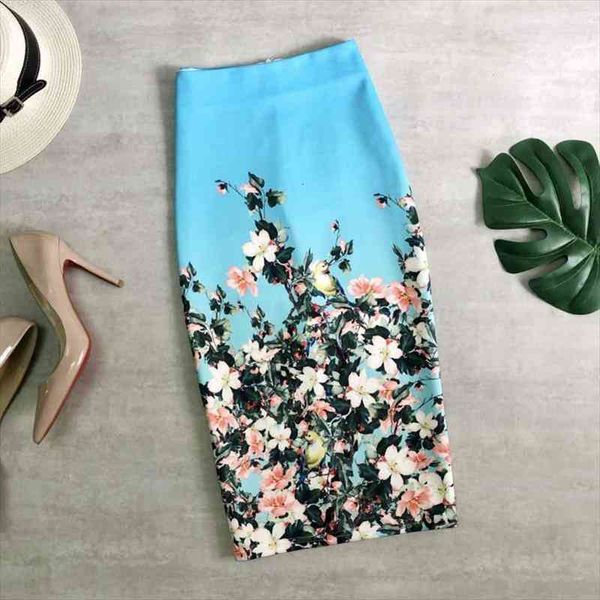 

spring summer women pencil skirts floral printing high waist bodycon birds rose print tight slim fit wrap knee-length skirts, Black