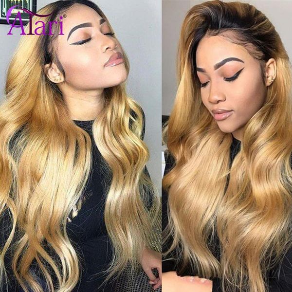

honey color ombre human hair wigs t1b 27 wigs for black women transparent body wave lace front brazilian virgin hair, Black;brown