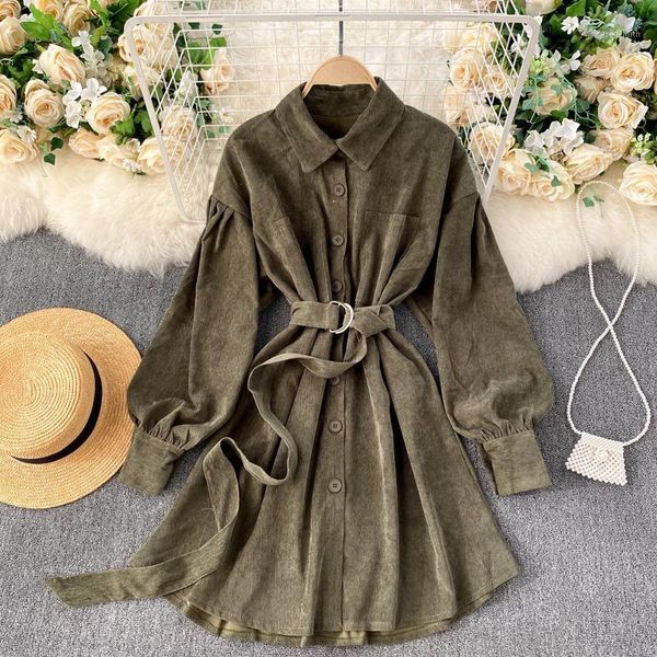 

women 2021 new autumn winter shirt dress retro velvet mid-length temperament lapel lantern sleeve bandage short vestidos uk9691, Black;gray